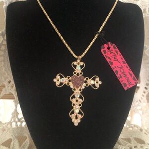 NWT Betsey Johnson Gold Tone Cross Pendant Necklace with Pink Accents